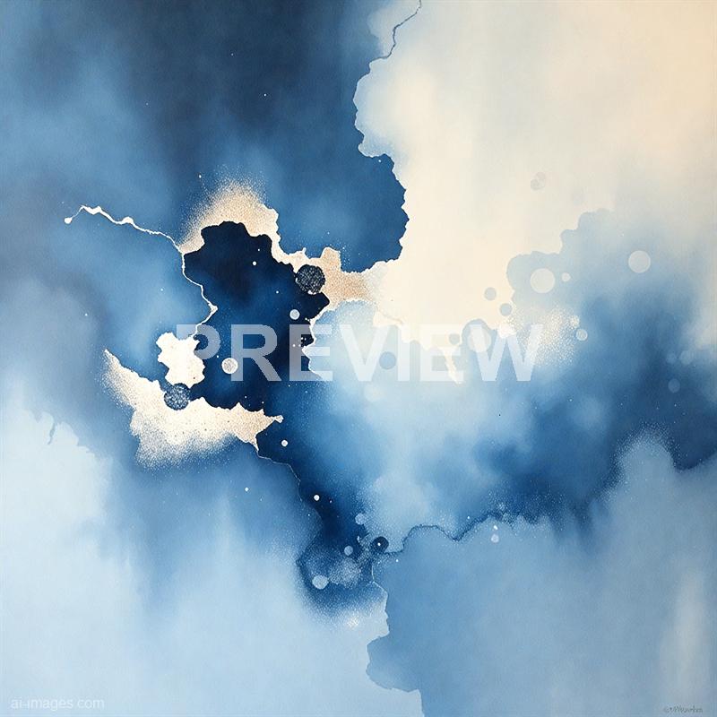 The image is an abstract watercolor painting featuring various shades of blue, ranging from deep navy to light pastel blue. It contains fluid, organic shapes and splatters, with some areas showing more concentrated pigment and others appearing more diluted, creating a sense of movement and depth. There are also hints of white and beige, adding contrast and highlighting the dynamic nature of the composition.